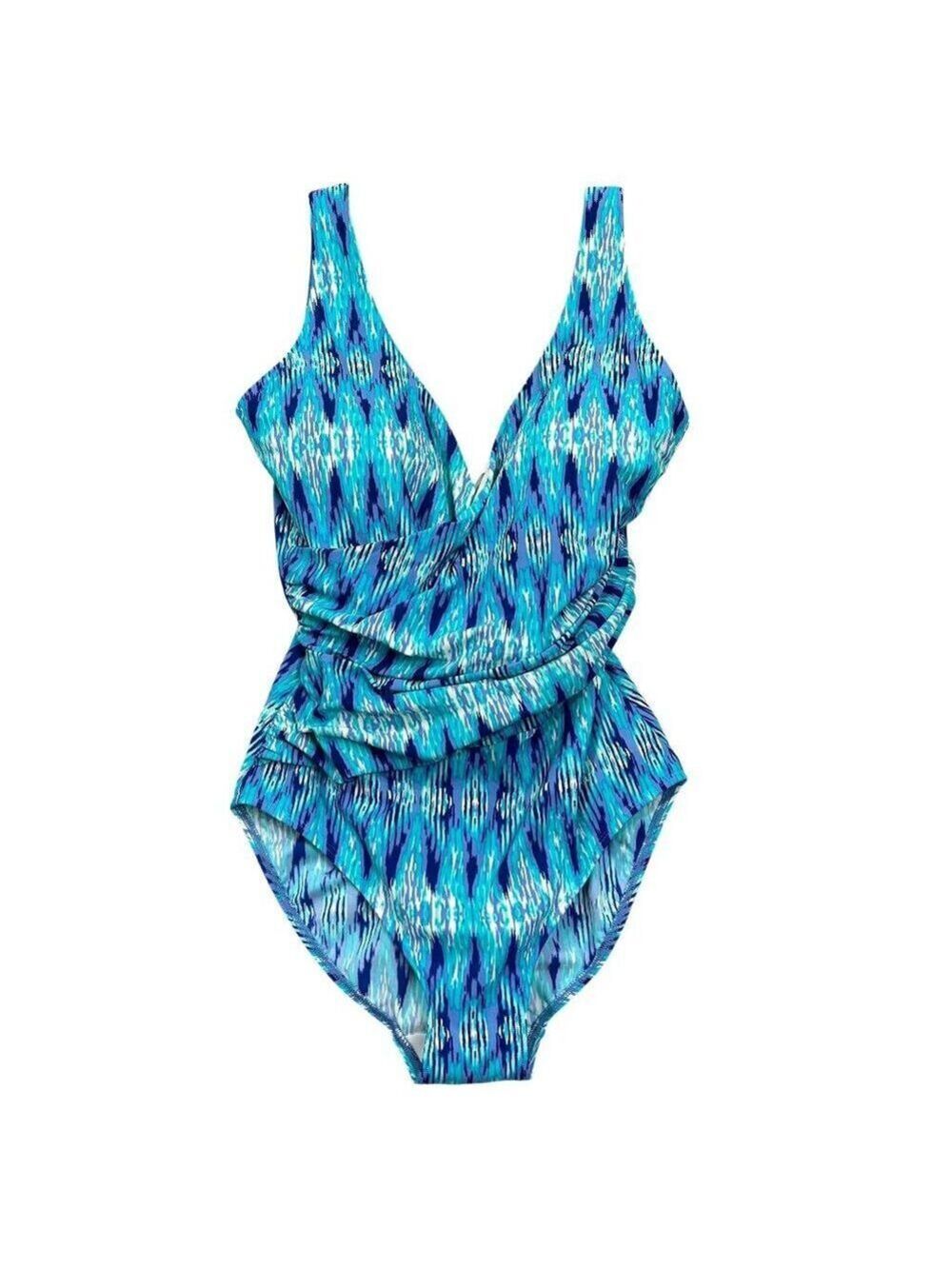 L.L. Bean Blue Purple Ikat One Piece Ruched Swimsuit Size 8
